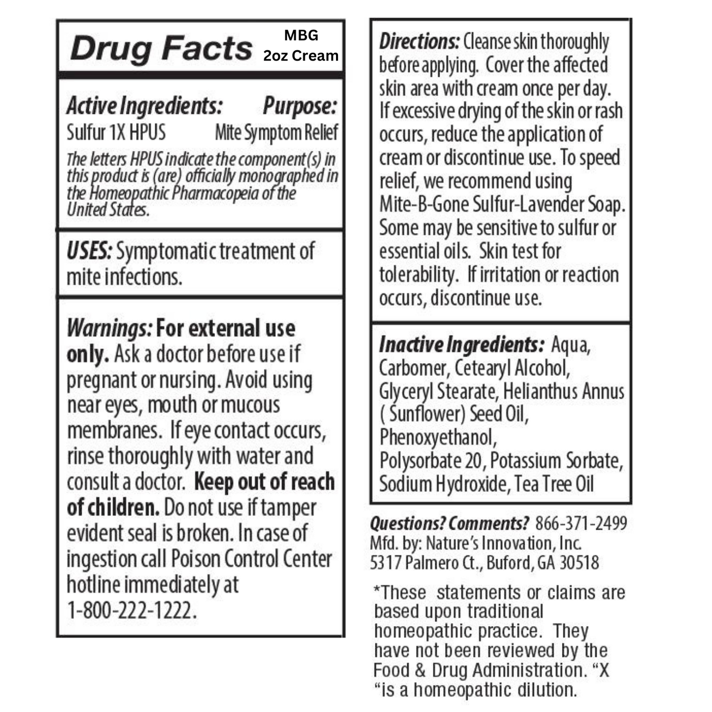 Mite-B-Gone Sulfur Cream (2oz) | Itch Relief from Mites, Insect Bites, Acne, and Fungus