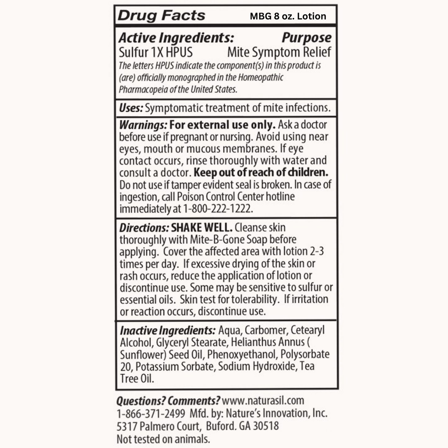 Mite-B-Gone Sulfur Lotion (8oz) | Itch Relief from Mites, Insect Bites, Acne, and Fungus