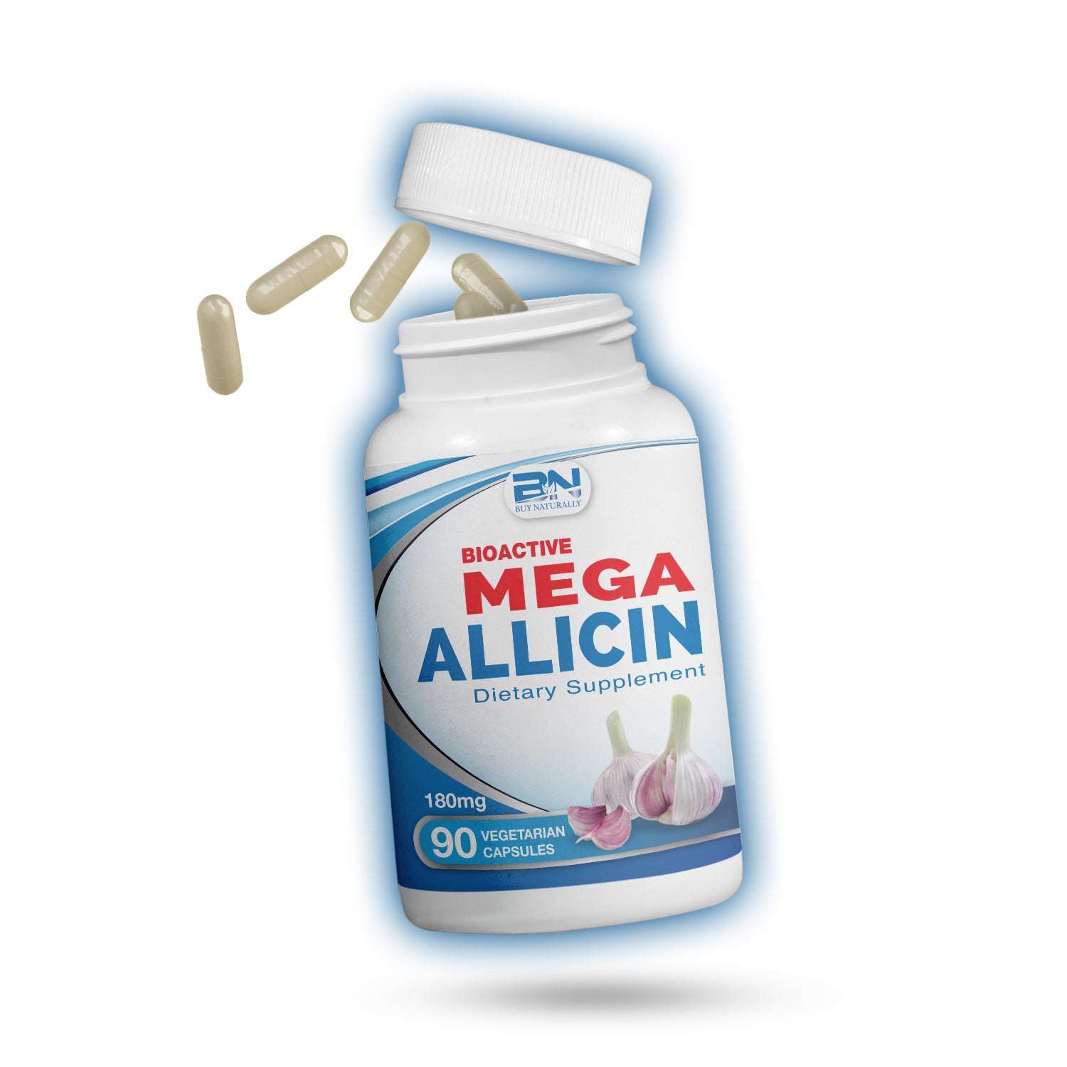 Supplement bottle labeled 'Mega Allicin' with capsules on a white background