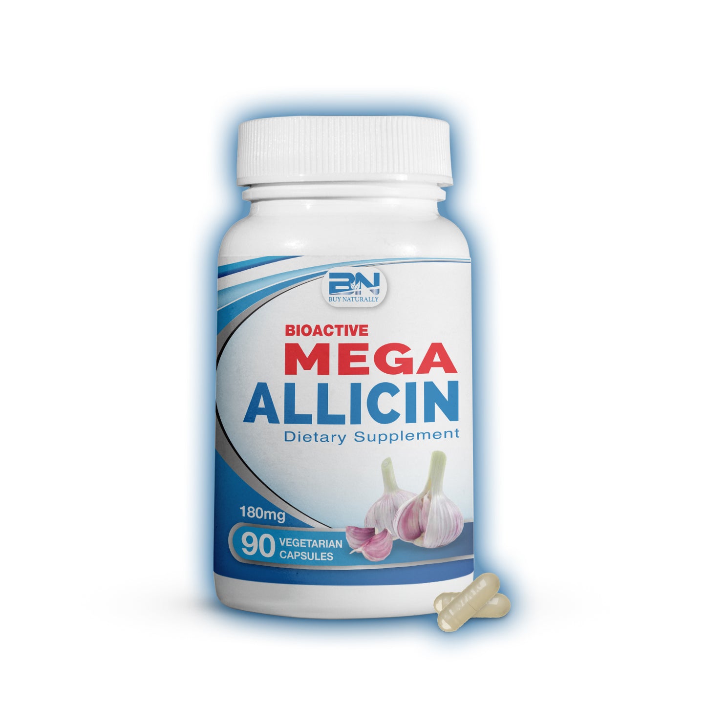 Bottle of Mega Allicin dietary supplement on a white background