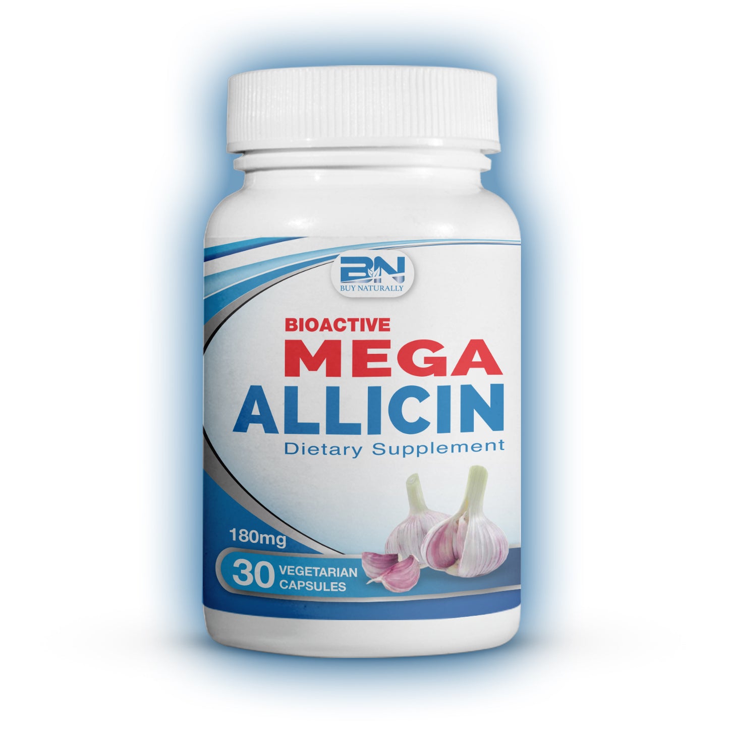 Bottle of Mega Allicin dietary supplement with garlic illustration on a white background