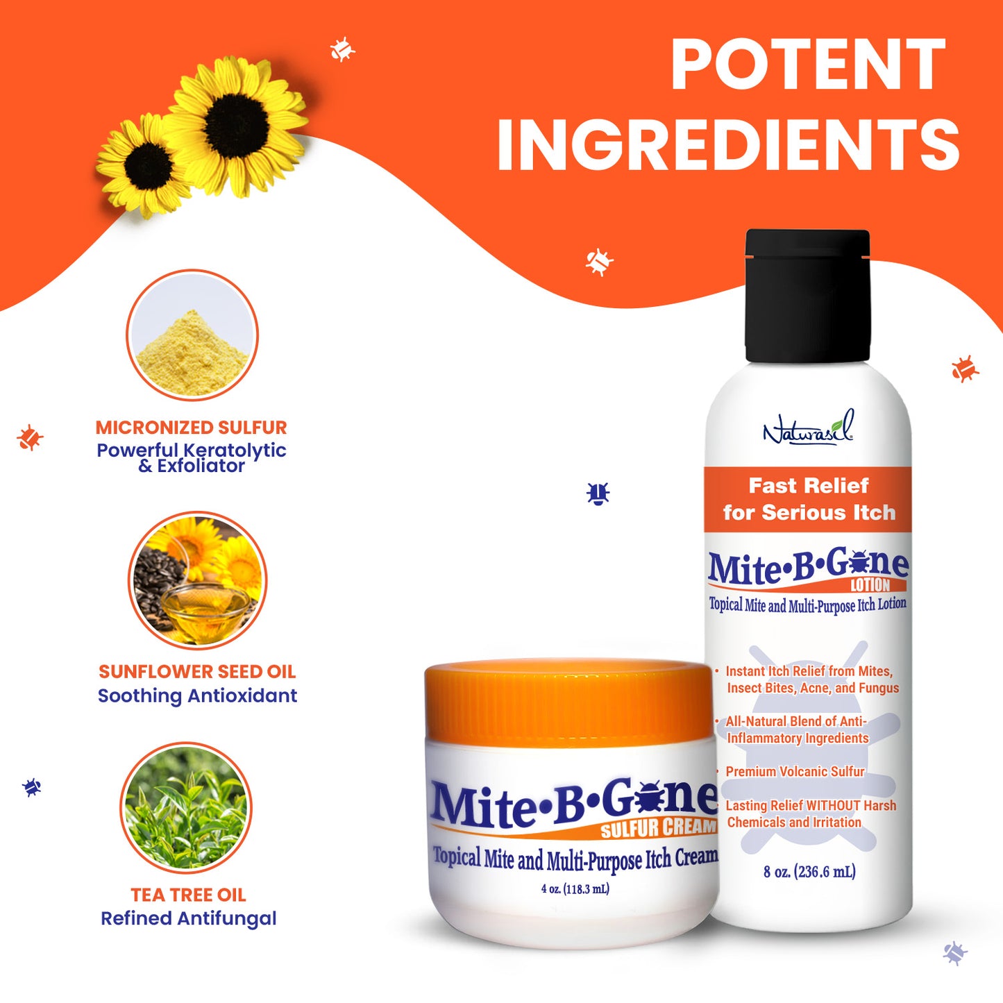 Mite-B-Gone Sulfur Lotion (8oz) | Itch Relief from Mites, Insect Bites, Acne, and Fungus