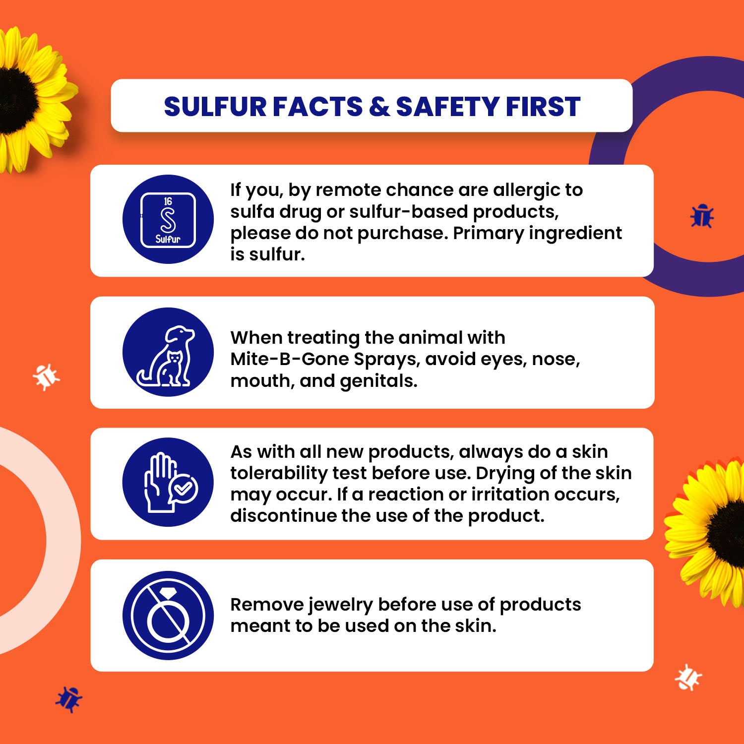 Safety information card with sulfur facts and precautions on an orange background