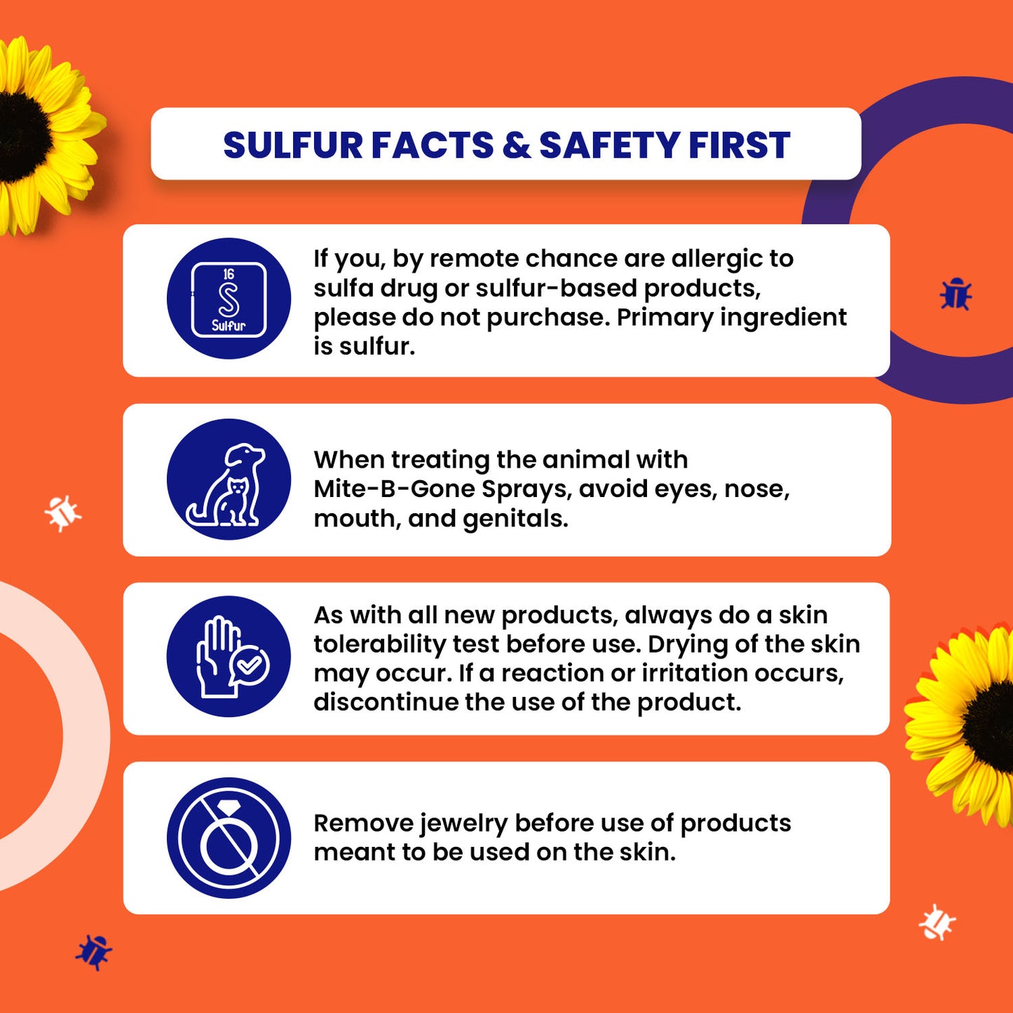 Safety information card with sulfur facts and precautions on an orange background