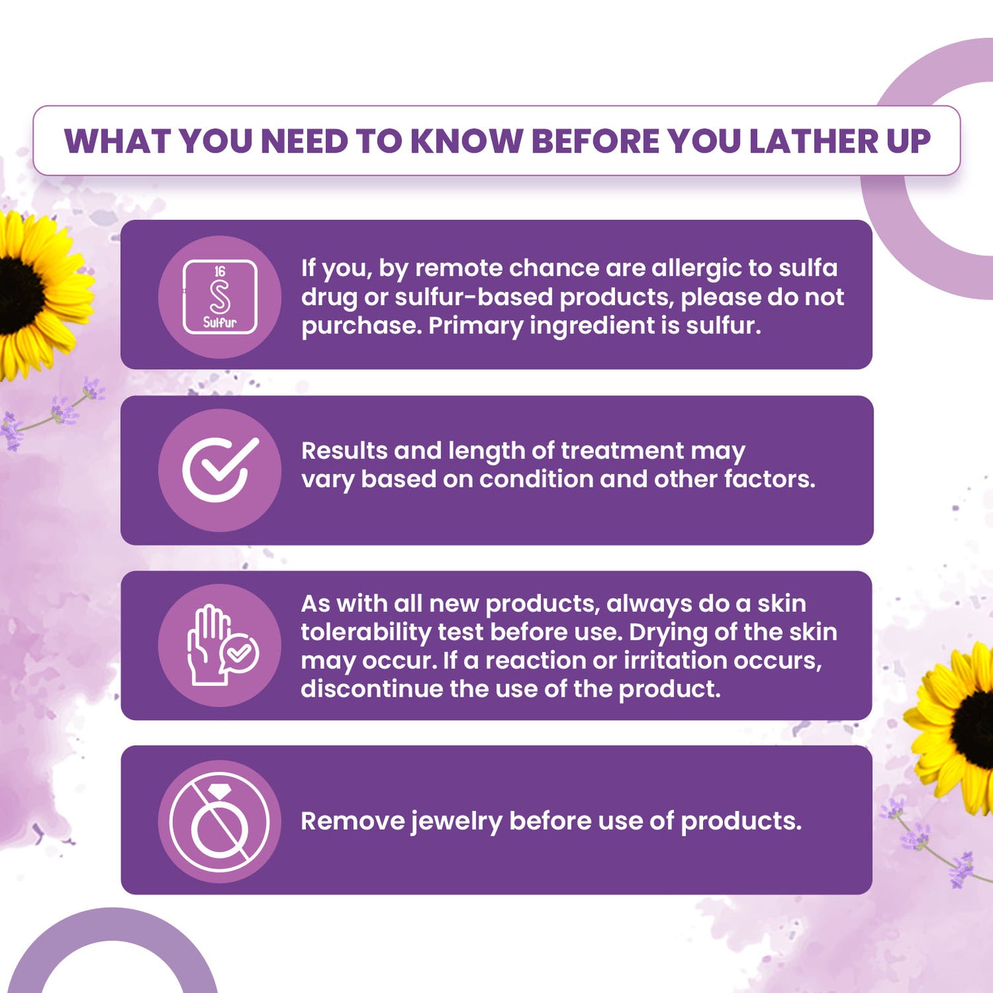 Instructions for a sulfur-based product on a purple background with sunflowers.