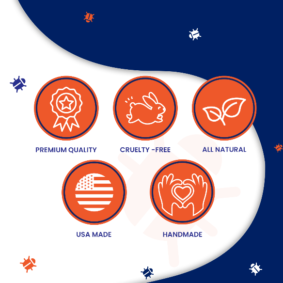 Set of icons representing premium quality, cruelty-free, all-natural, USA-made, and handmade on a blue and white background.