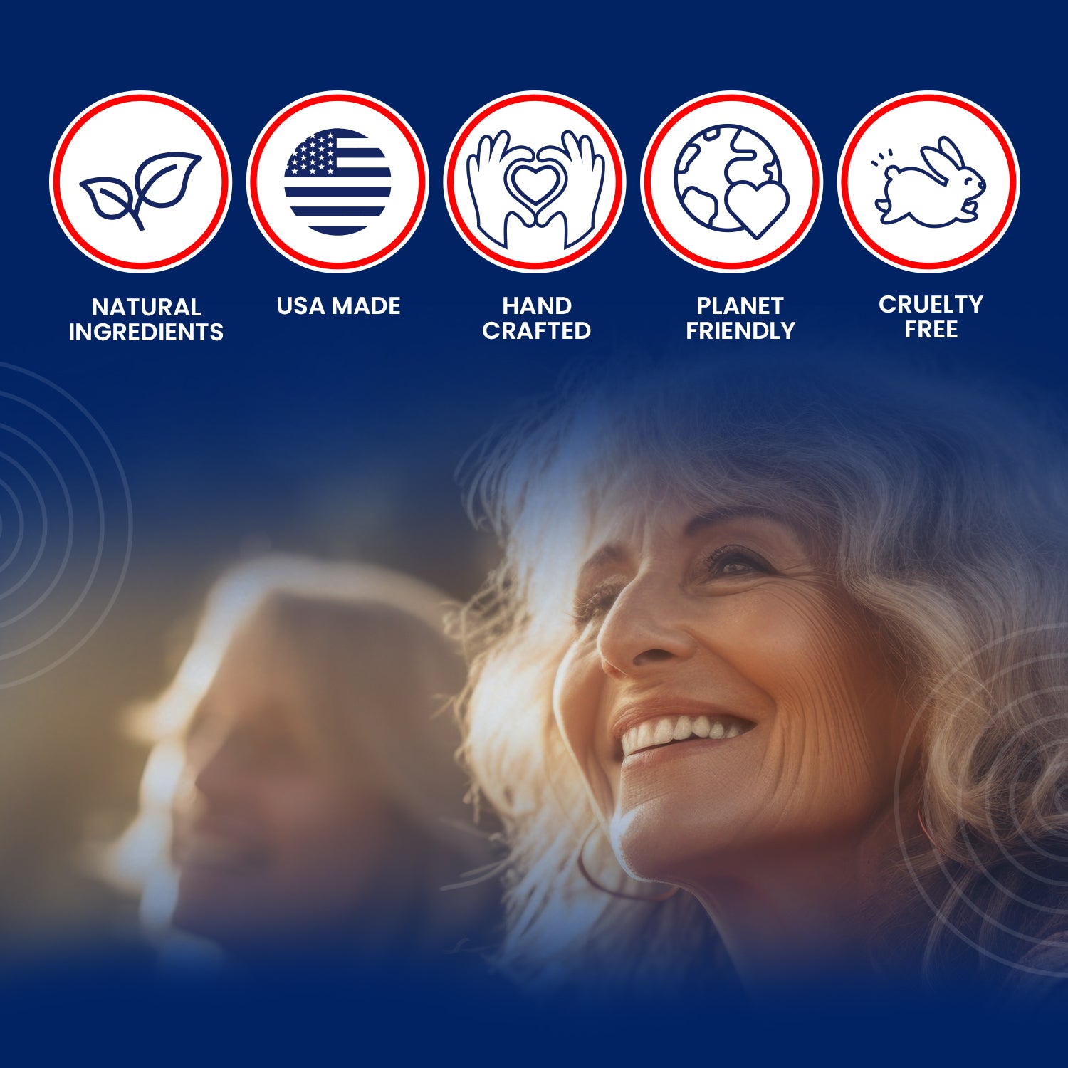 Woman with gray hair smiling, with icons and text about product attributes on a blue background