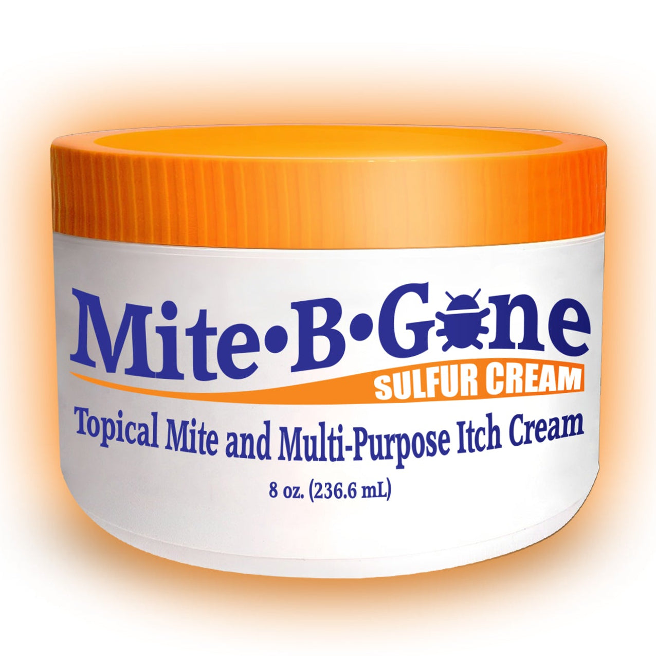8 oz Jar of Mite-B-Gone sulfur cream with an orange lid on a white background with orange glow