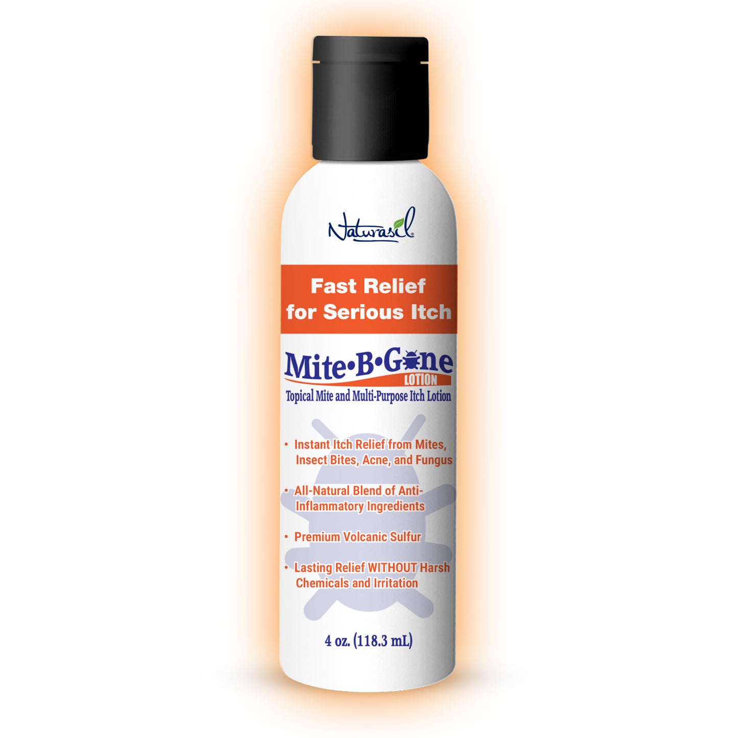 4 oz. Mite-B-Gone lotion bottle on a white background with orange glow