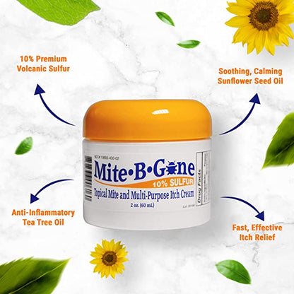 Mite-B-Gone 10% Sulfur Cream (2oz) | Itch Relief from Mites, Insect Bites, Acne, and Fungus