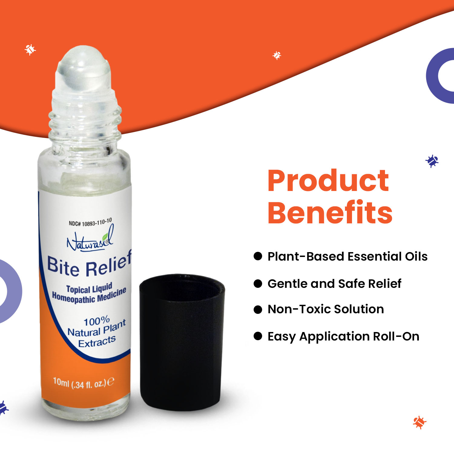 Bottle of Natural Bite Relief with product benefits listed on a colorful background