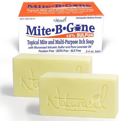 Mite-B-Gone Loción de azufre al 10 % (4 oz) + Jabón multiusos para la picazón (2 barras/4 oz por barra)