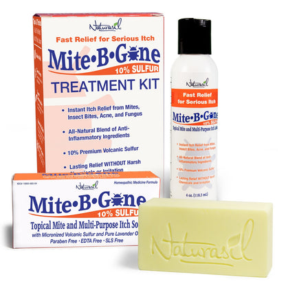 Kit de tratamiento Mite-B-Gone | Loción de azufre al 10% (4 oz) + Jabón multiusos para la picazón (4 oz)
