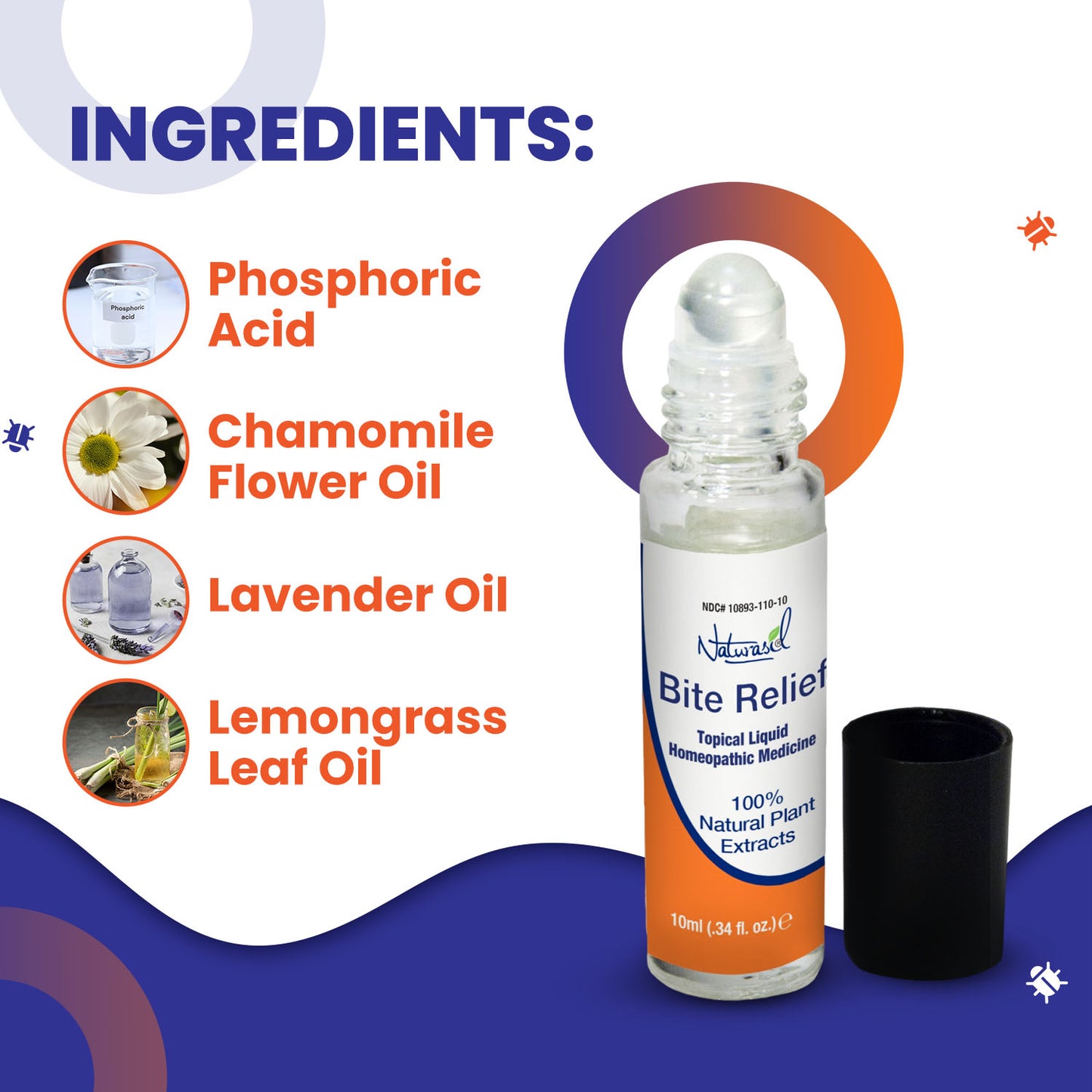 Bottle of 'Bite Relief' with ingredients listed on a colorful background