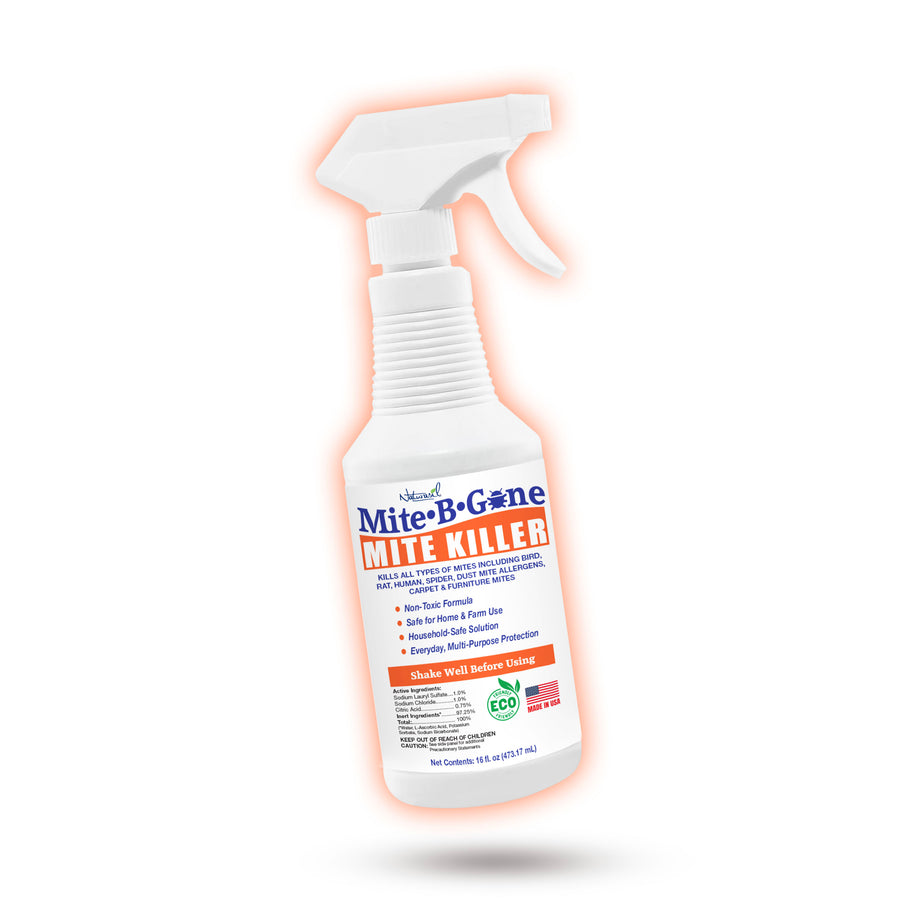16 oz spray bottle labeled 'Mite-B-Gone Mite Killer' on a white background tilted with orange glow