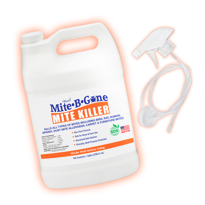 Mite B-Gone mite killer 1-gallon jug with a spray nozzle on a white background with orange glow