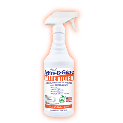 Mite-B-Gone mite killer spray 32 oz bottle on a white background and orange glow