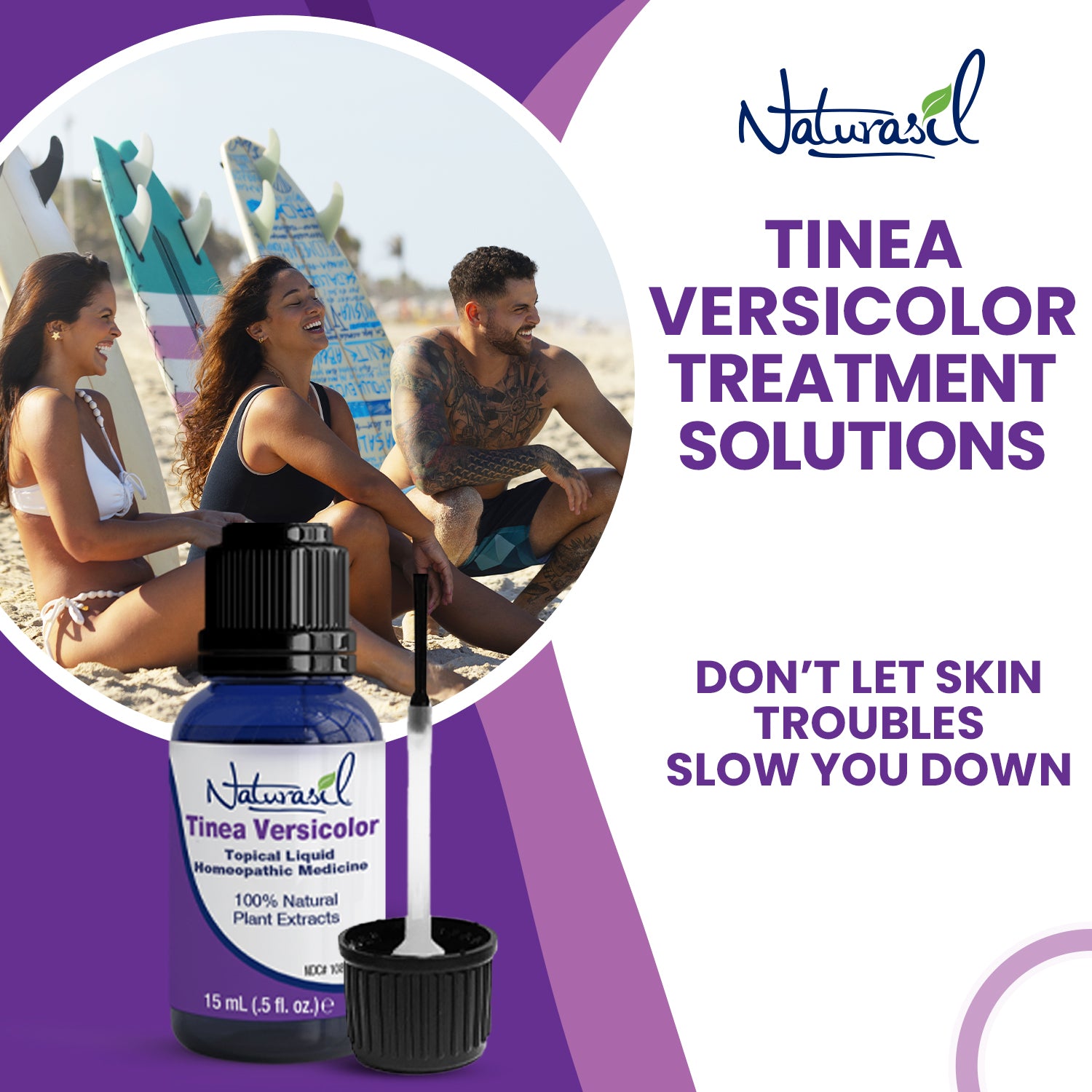 Tinea Versicolor treatment solution with a beach scene in the background, featuring the brand 'Naturasil.'