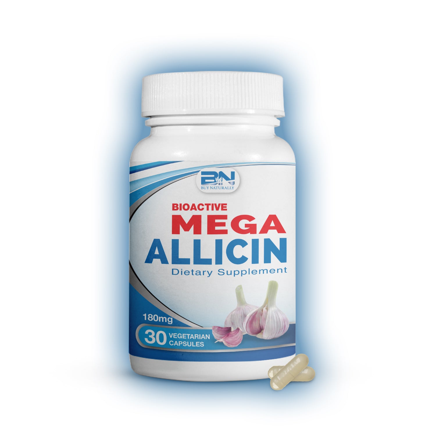 Supplement bottle labeled 'Mega Allicin' on a white background