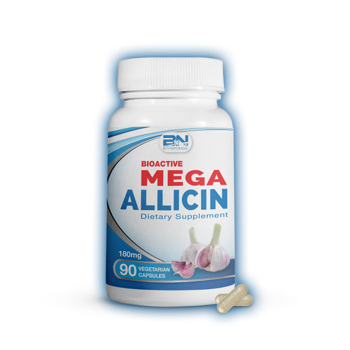 Bottle of Mega Allicin dietary supplement on a white background