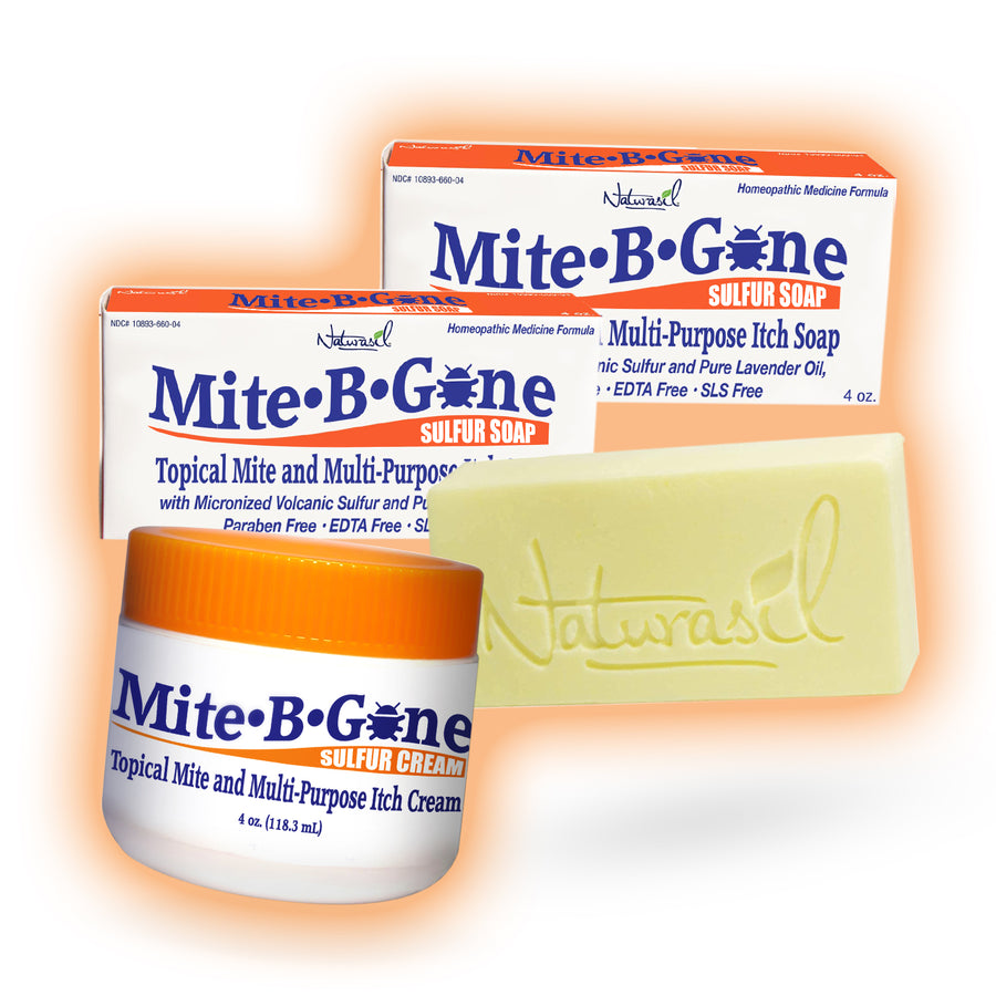 4 oz soap Mite-B-Gone sulfur soap, cream, and bar on a white background with orange glow