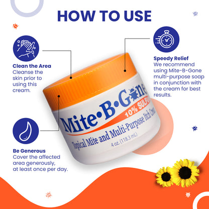 Mite-B-Gone 10% Crema de Azufre (8oz) | Alivio de la picazón causada por ácaros, picaduras de insectos, acné y hongos