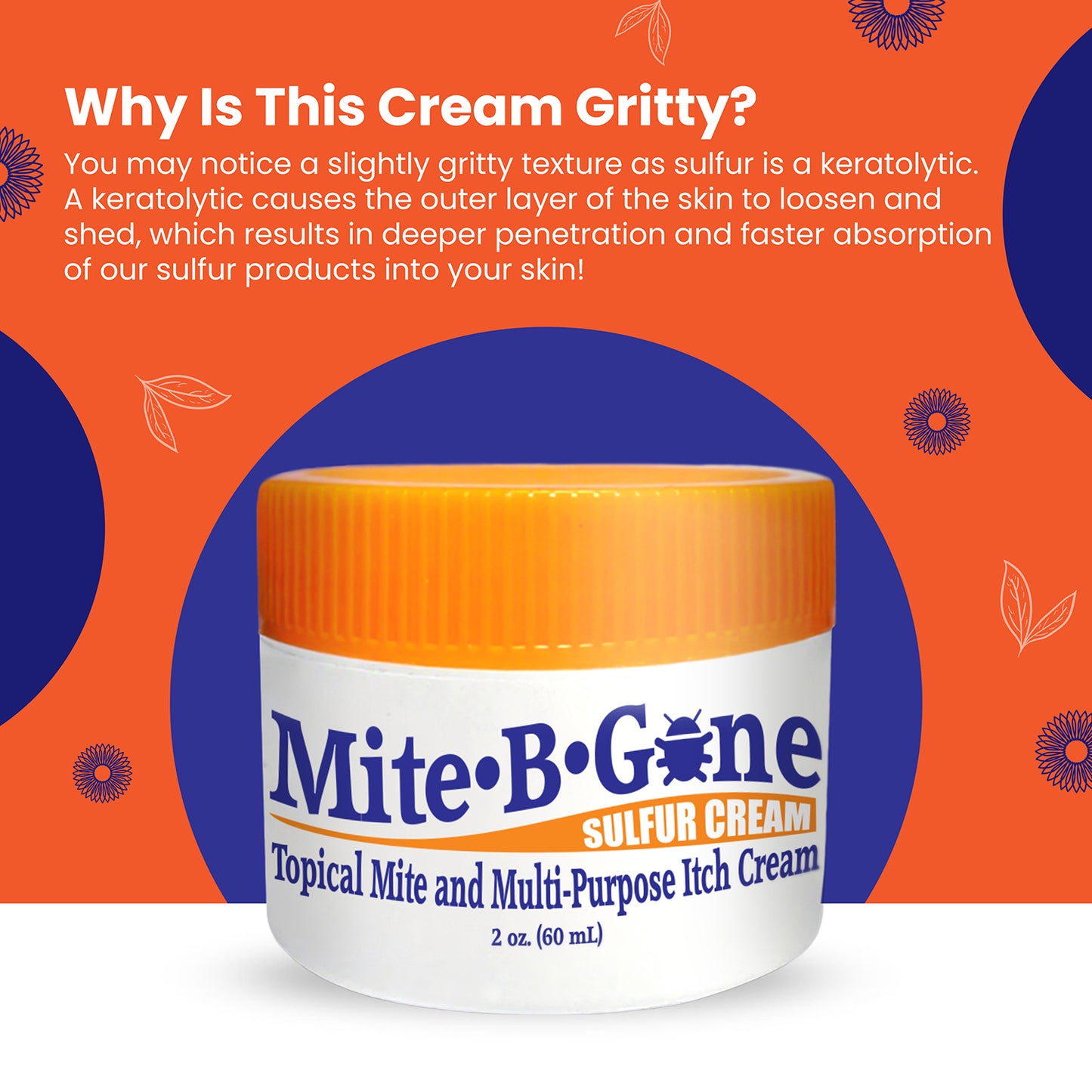 Mite-B-Gone sulfur cream 2 oz jar with text explaining gritty texture on an orange background
