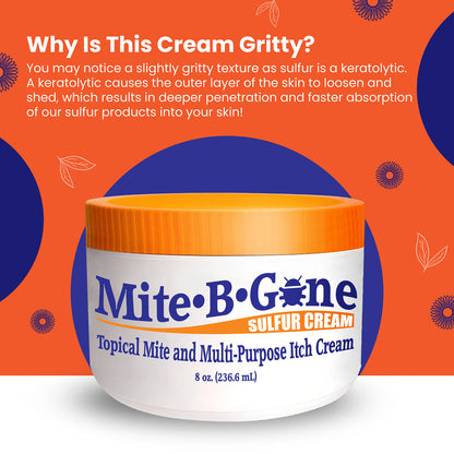 Mite-B-Gone sulfur cream 8 oz jar with orange lid on an orange background with text about its gritty texture.