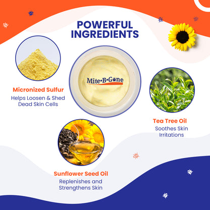 Product packaging with Mite-B-Gone cream and ingredients like micronized sulfur, tea tree oil, and sunflower seed oil on a colorful background.
