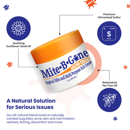 Mite-B-Gone sulfur cream jar with product features highlighted on a white background