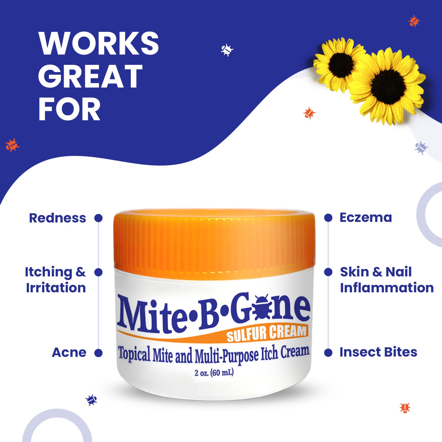 2 oz Mite-B-Gone sulfur cream jar with benefits on a blue and white background