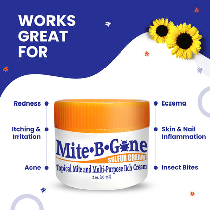 2 oz Mite-B-Gone sulfur cream jar with benefits on a blue and white background