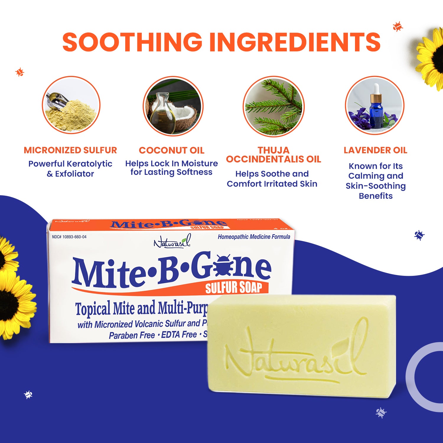 Mite-B-Gone sulfur soap with soothing ingredients listed on a blue background
