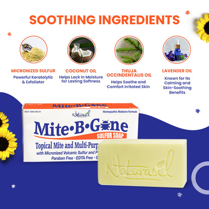 Mite-B-Gone sulfur soap with soothing ingredients listed on a blue background