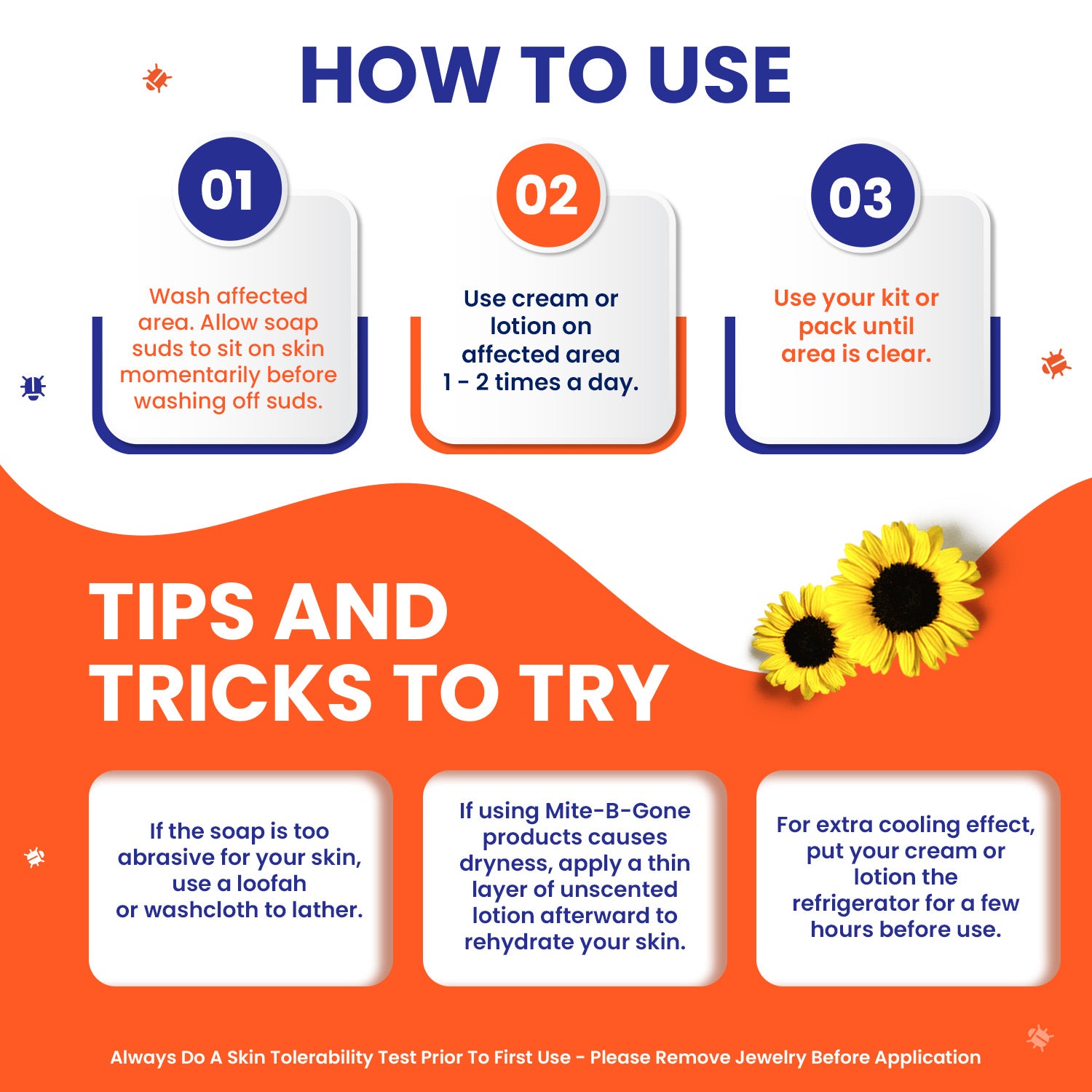 Instructions on how to use the Mite-B-Gone products with tips and tricks displayed on an orange and white background.