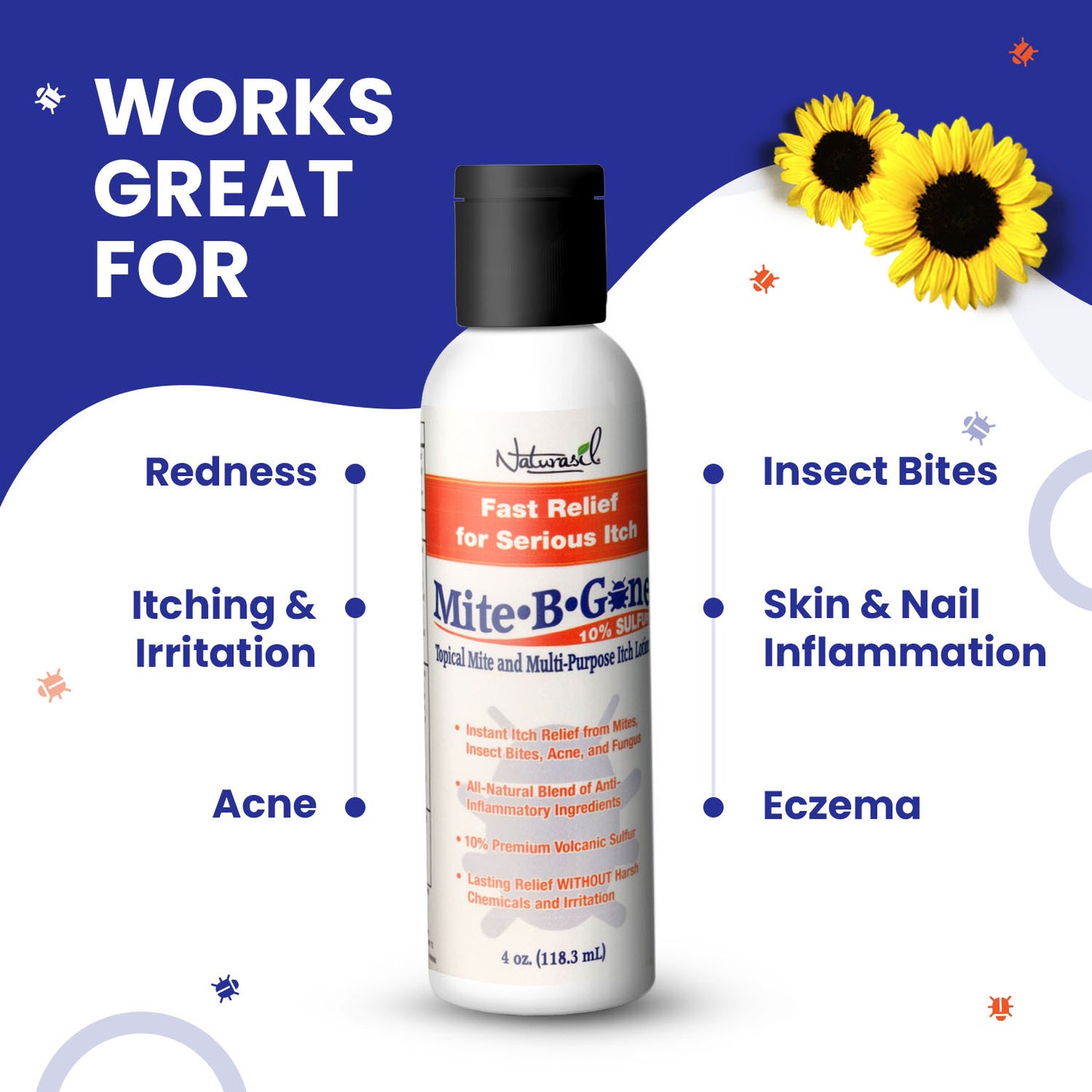 Mite-B-Gone 10% loción de azufre (8oz) | Alivio de la picazón causada por ácaros, picaduras de insectos, acné y hongos