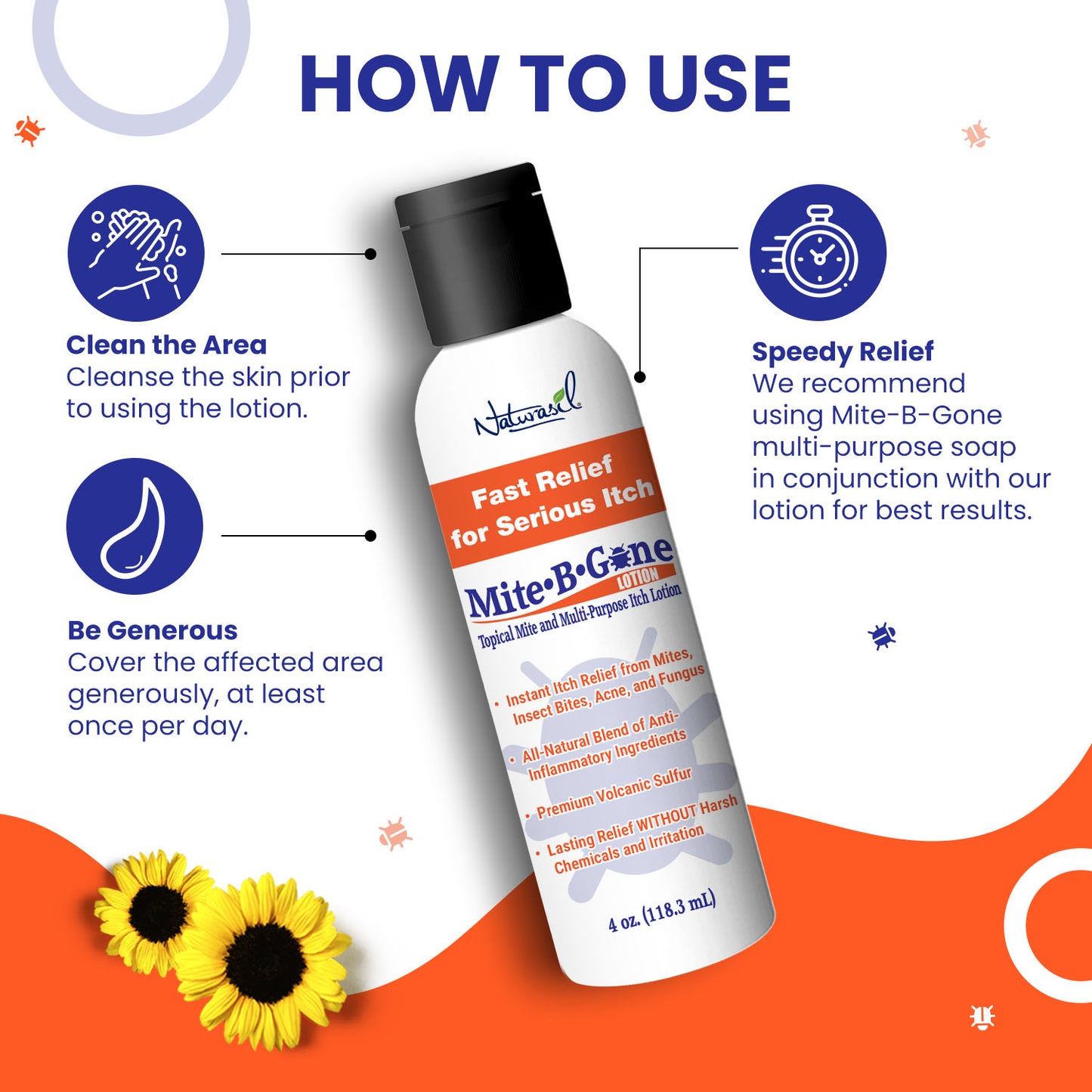 Mite-B-Gone Sulfur Lotion (4oz) | Itch Relief from Mites, Insect Bites, Acne, and Fungus