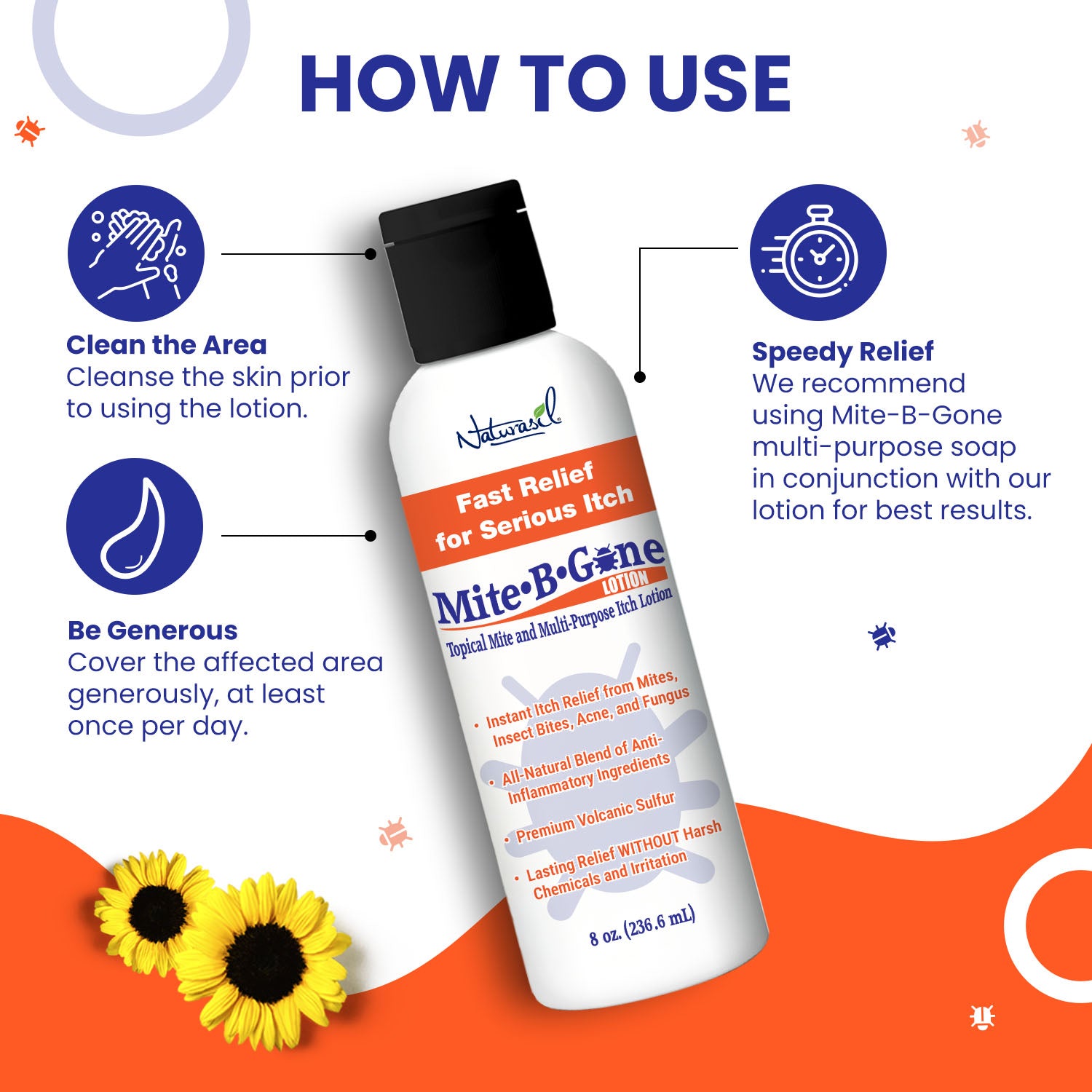 Mite-B-Gone lotion 8 oz bottle with usage instructions on a white background