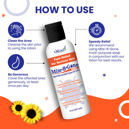 Mite-B-Gone lotion 8 oz bottle with usage instructions on a white background