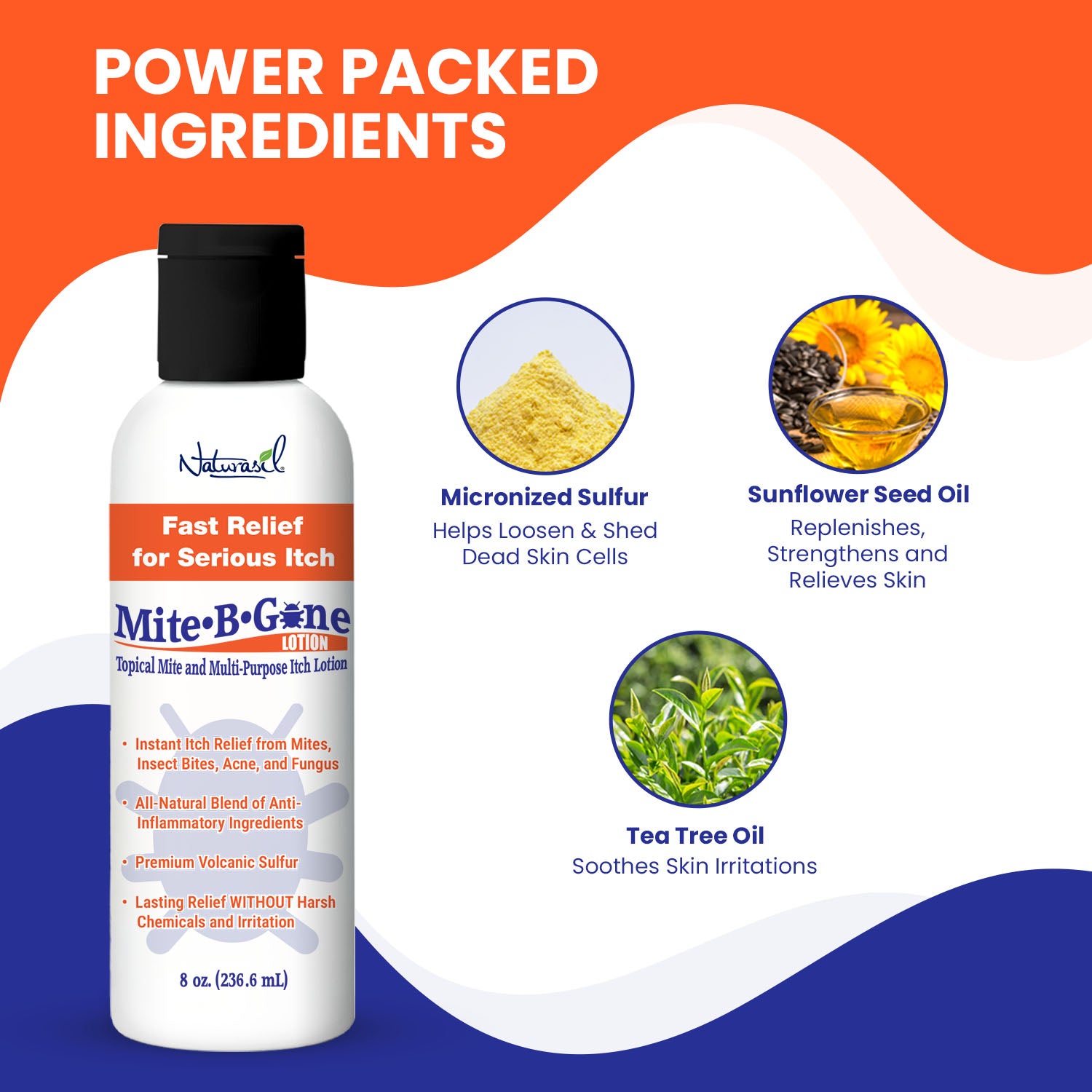 8 oz Mite-B-Gone Lotion bottle with ingredients listed on an orange and blue background