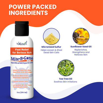8 oz Mite-B-Gone Lotion bottle with ingredients listed on an orange and blue background