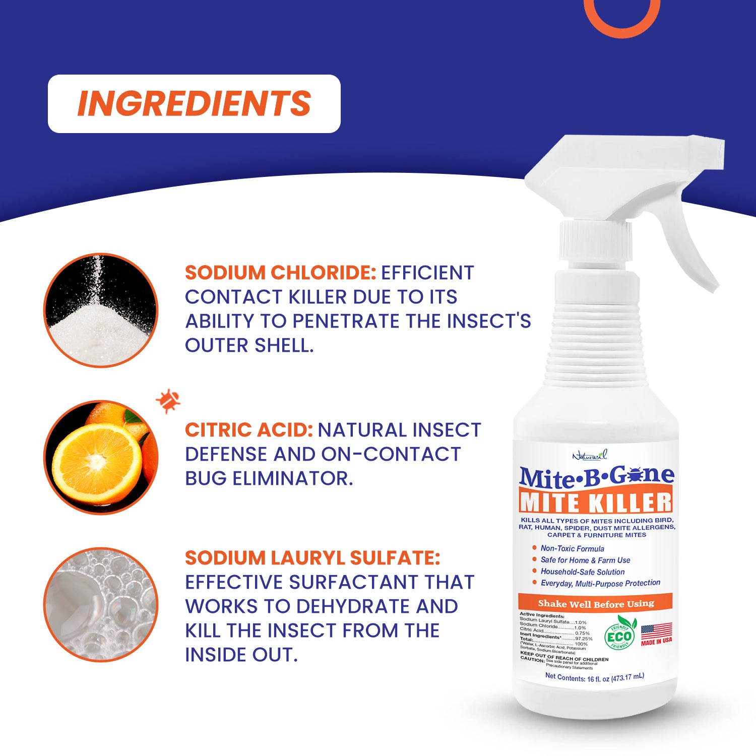 Mite-B-Gone spray bottle with ingredients listed on a blue and white background