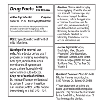 Drug facts label for 2 oz Mite B-Gone Cream with active and inactive ingredients, uses, and warnings.