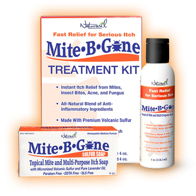 4 oz soap Mite-B-Gone treatment kit, including soap, lotion, and packaging on a white background with orange glow