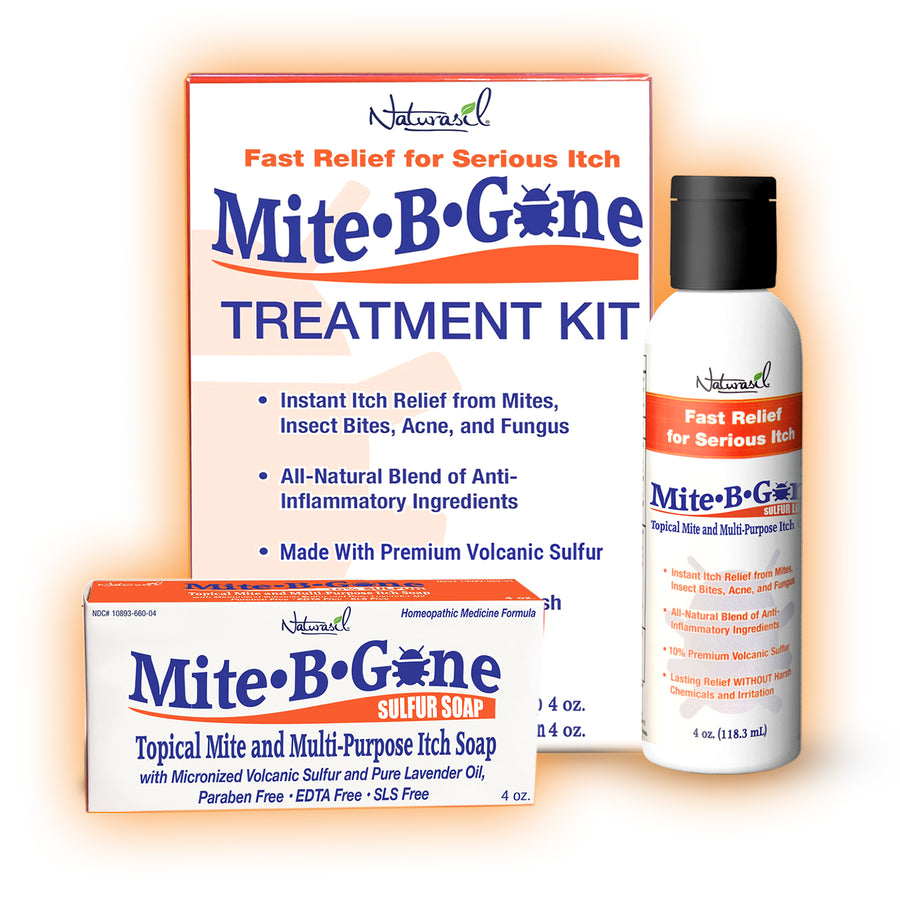 4 oz soap Mite-B-Gone treatment kit, including soap, lotion, and packaging on a white background with orange glow