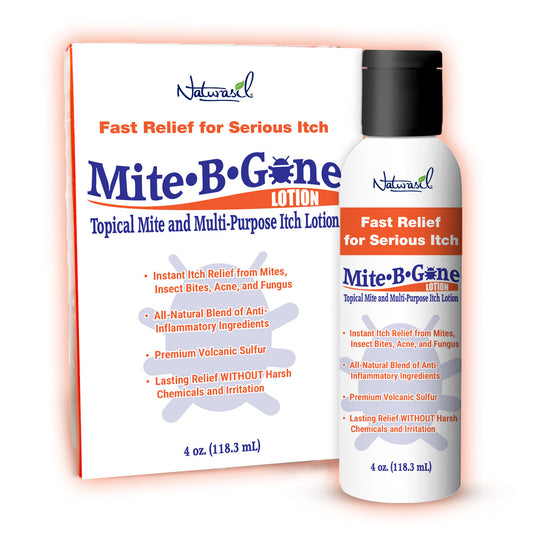 Mite-B-Gone lotion packaging with bottle and box on a white background