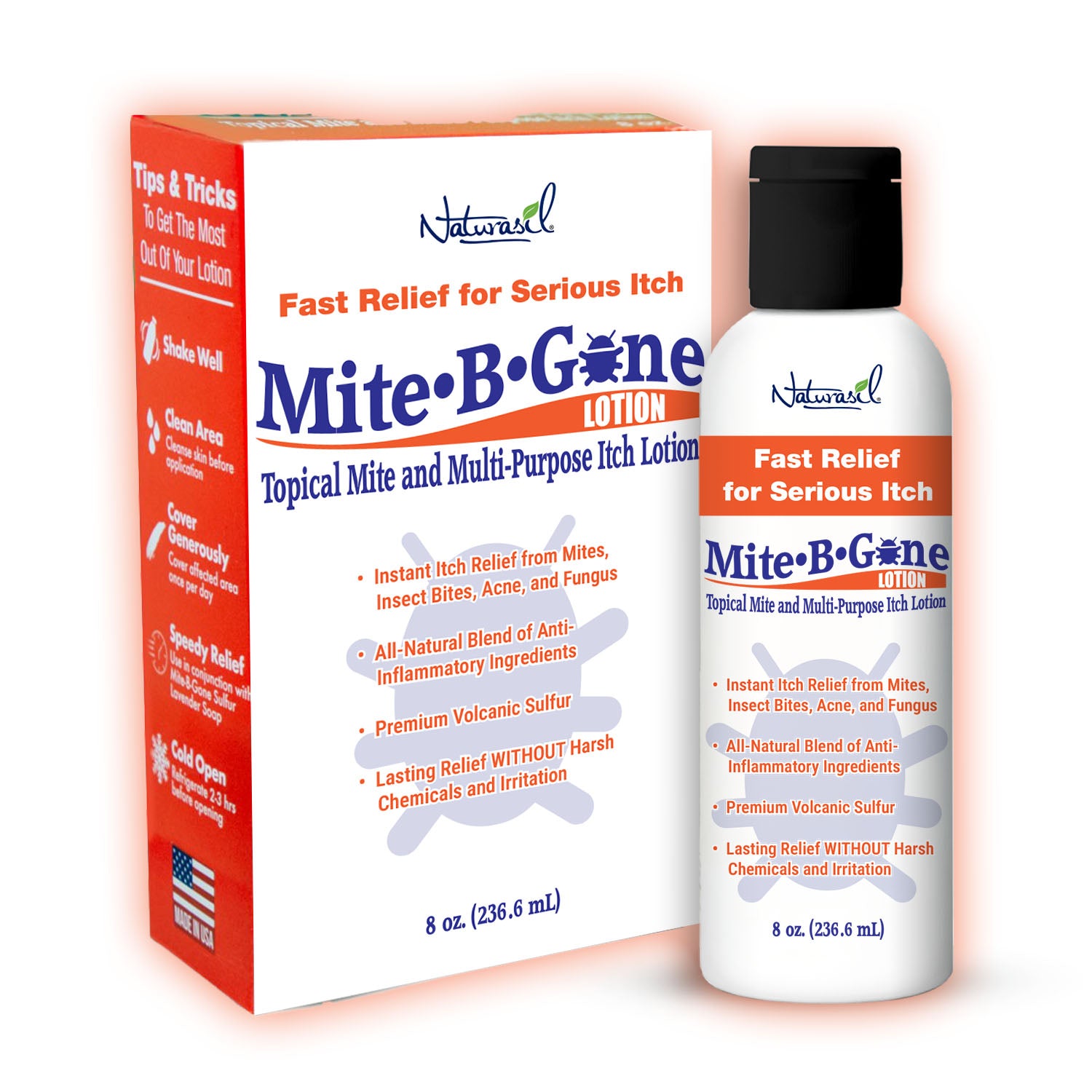 8 oz Mite-B-Gone lotion packaging with box on a white background with orange glow