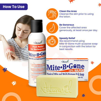 Mite-B-Gone 10% Sulfur Lotion (4oz) + Multi-Purpose Itch Soap (2 Bars / 4 oz per bar)