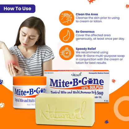 Paquete de alivio eliminador de ácaros | Mite-B-Gone Crema de azufre al 10% | Jabones Mite-B-Gone (barras de 2 a 4 oz)