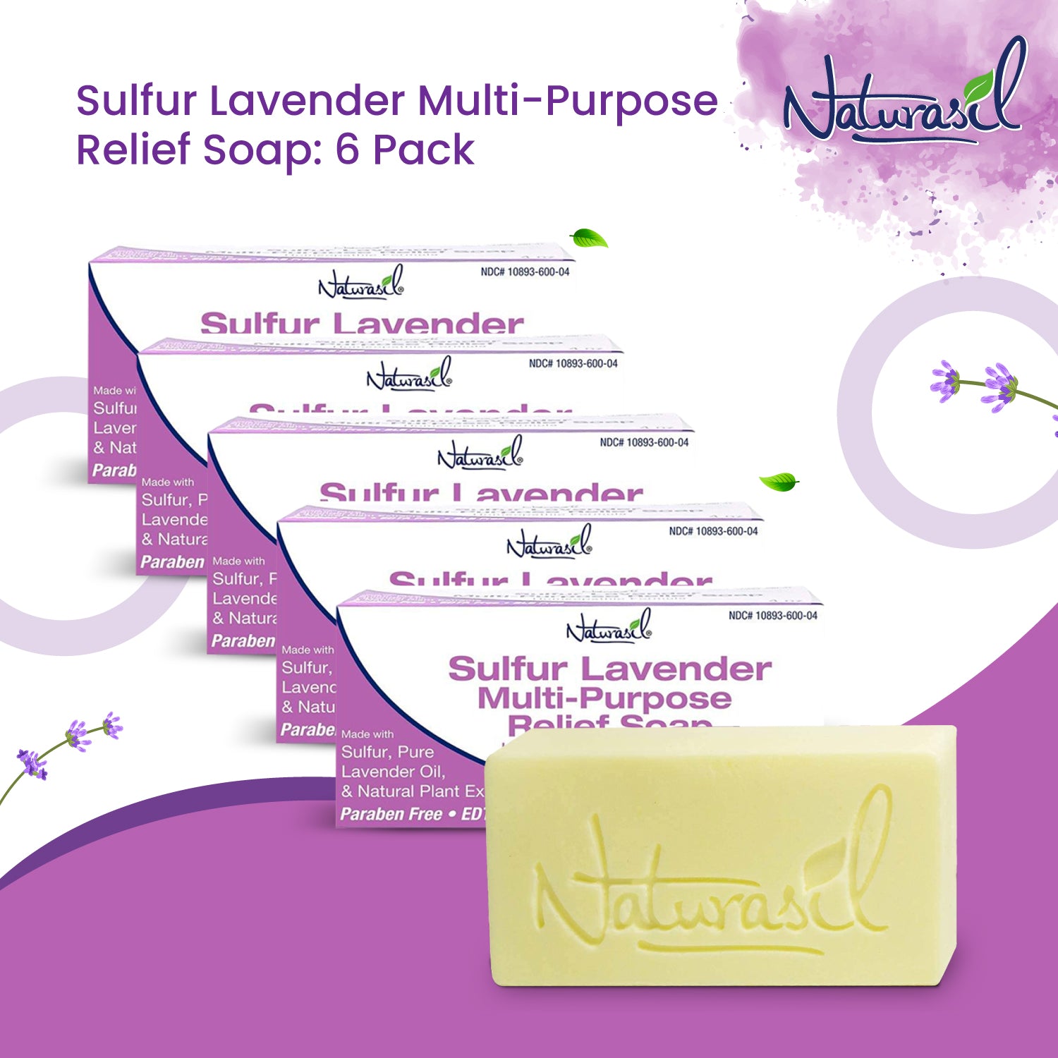 Naturasil Sulfur Lavender Multi-Purpose Relief Soap packaging with 6 bars of soap on a lavender background
